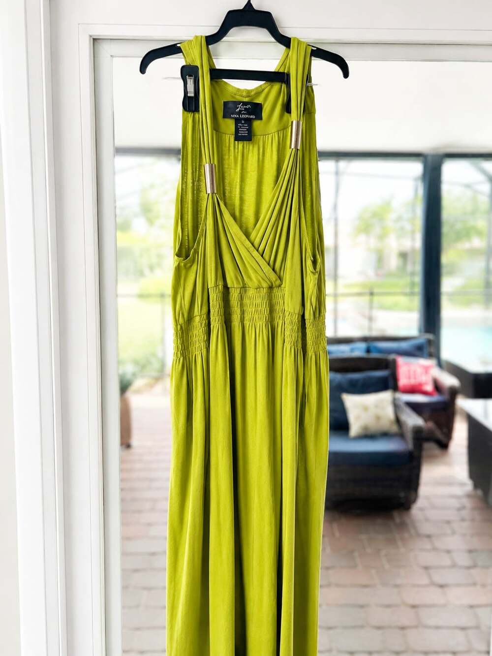 Nina Leonard Lime Green Sleeveless Maxi Dress with Metal Hardware Accents